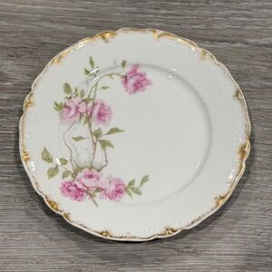 Haviland Limoges France Pink Rose Porcelain Bread Plate Gold Scalloped Rim 6.25"